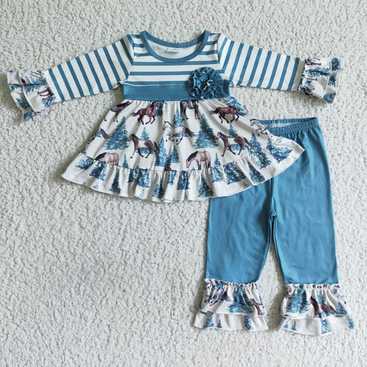 Promotion Girls Kids Horse Stripes Tunic Ruffle Pants Western Set RTS