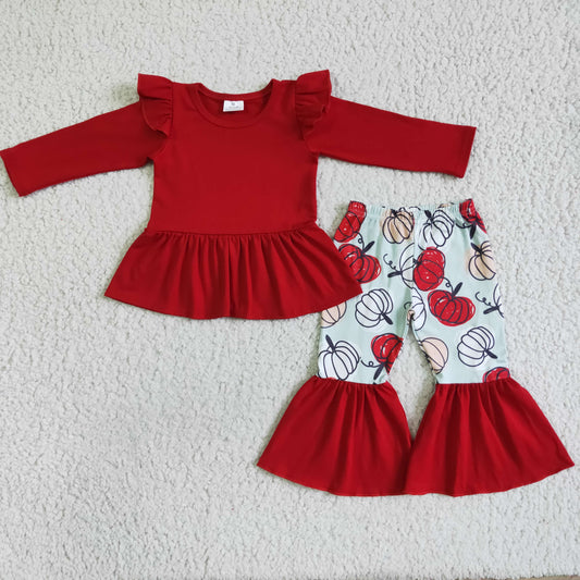 Promotion Baby Girl Red Long Sleeves Cotton Tunic Pumpkins Pants Thanksgiving Fall Set RTS