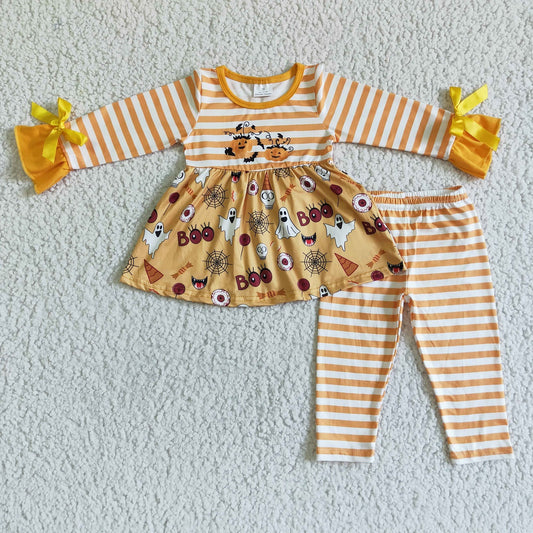 Promotion Baby Girl Long Sleeves Ghost Tops Stripes Pants Halloween Set