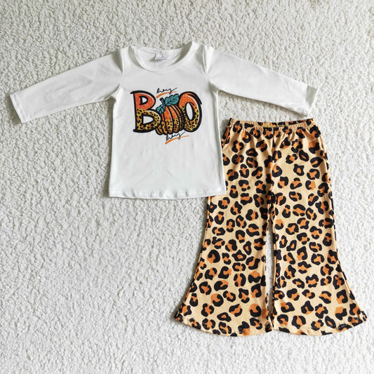 Promotion Baby Girl Boo Pumpkin Shirt Leopard Pants Halloween Outfit RTS