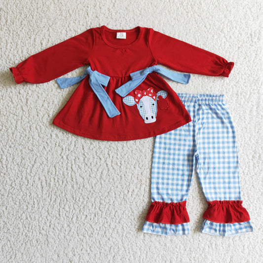 Promotion Baby Girl Red Long Sleeves Embroidery Cow Cotton Tunic Plaid Pants Set
