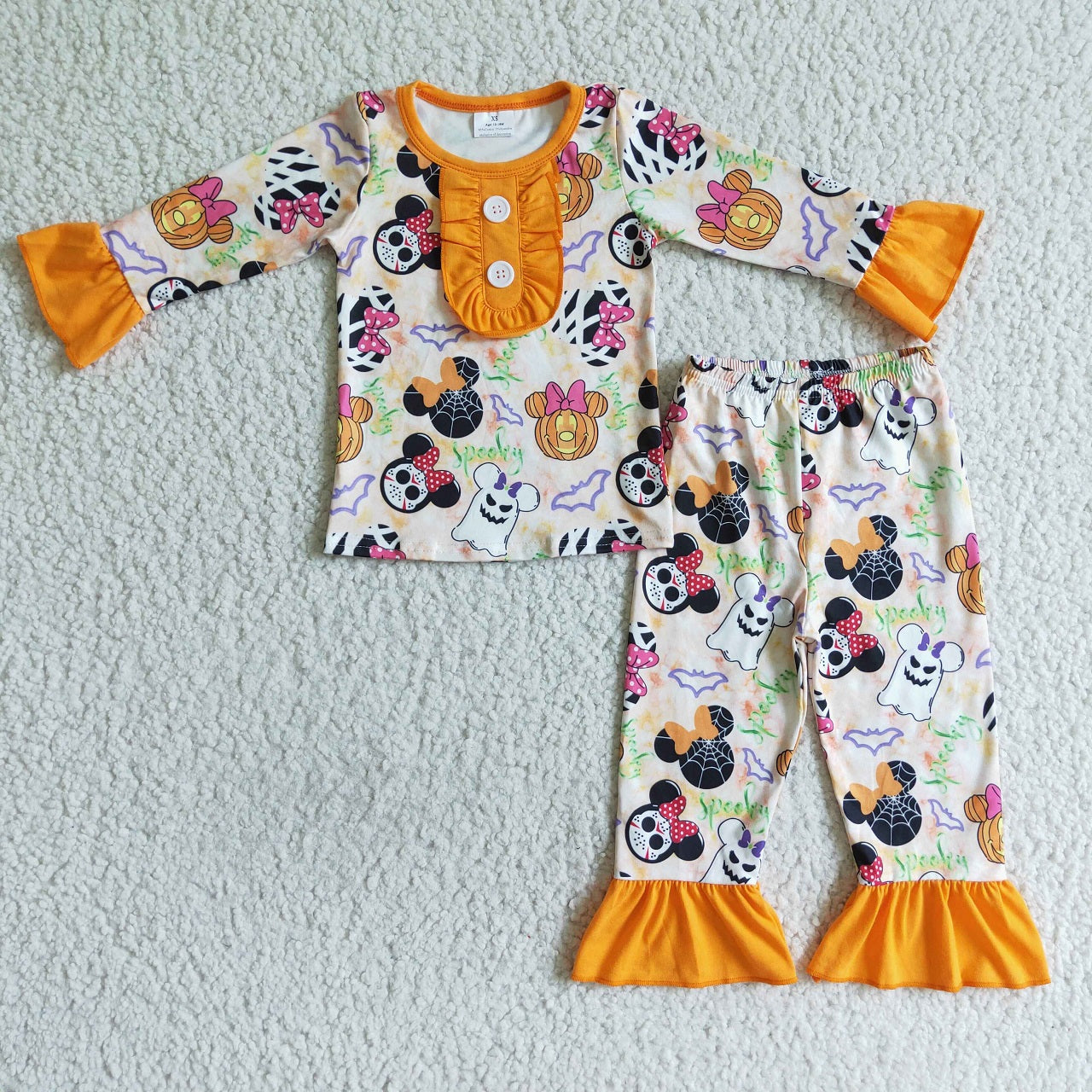 Promotion Baby Girl Long Sleeves Halloween Cartoon Shirt Pants Outfit Pajamas Set