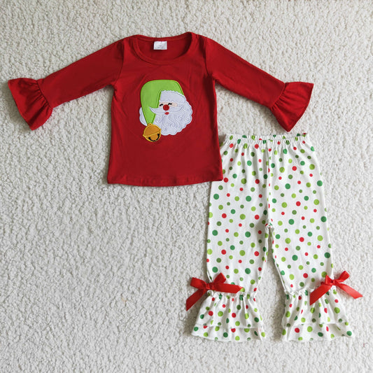 Promotion Baby Girls Kids Christmas Embroidery Santa Dots Pants Pajamas RTS