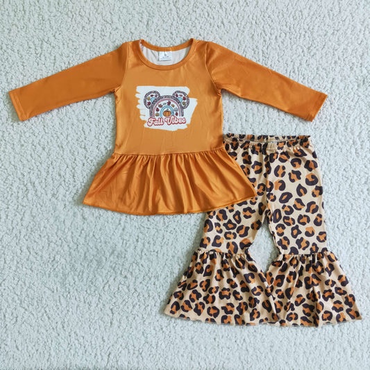 Promotion Baby Girl Pumpkin Cartoon Tops Leopard Pants Fall Outfit RTS