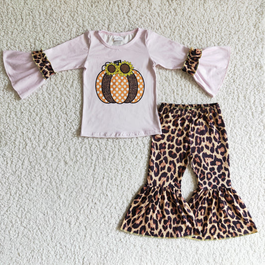 Promotion Baby Girl Pumpkin Shirt Leopard Pants Outfit RTS