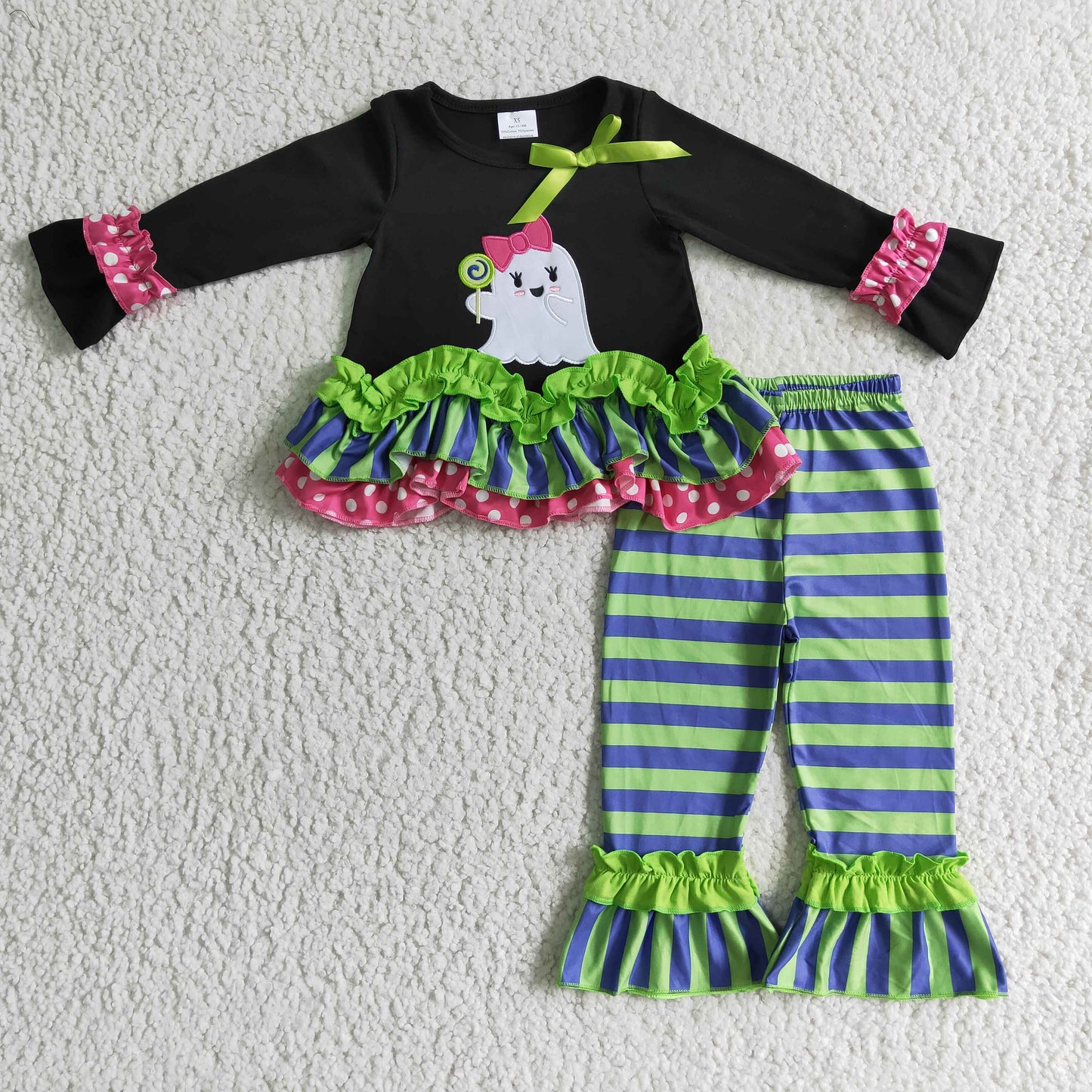 Baby Girls Kids Embroidery Ghosts Green Stripes Halloween Romper Set Clothes RTS