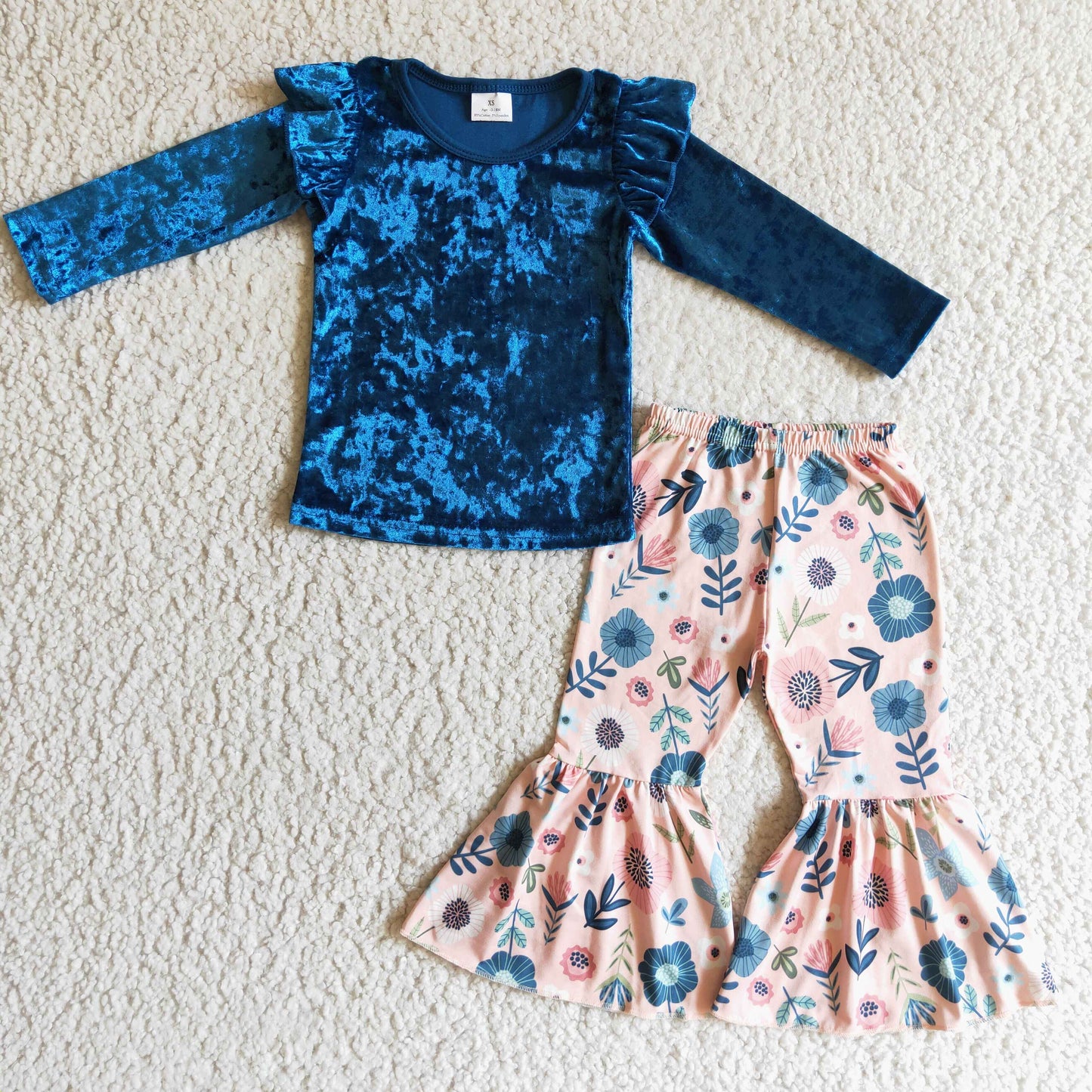Promotion Baby Girl Blue Velvet Floral Bell Pants Kids Fall Outfit RTS