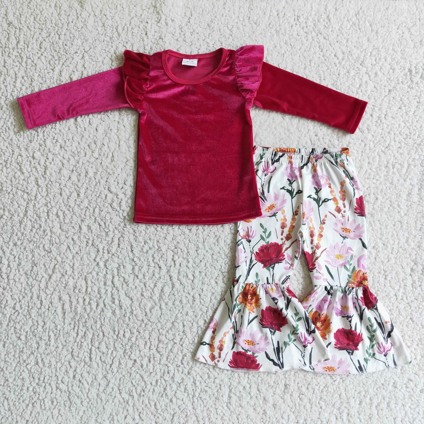 Promotion Baby Girl Red Velvet Floral Bell Pants Kids Fall Outfit RTS