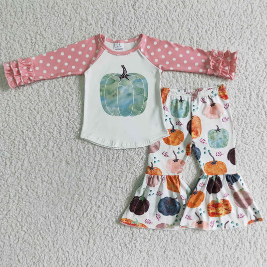 Promotion Baby Girl Kids Ruffle Long Sleeves Shirt Pumpkins Bell Pants Outfit RTS