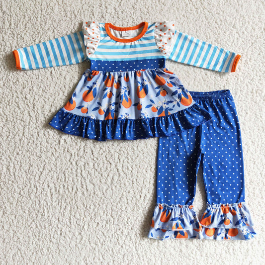 Promotion Baby Girl Stripes Orange Tunic Blue Ruffle Dots Pants Outfit RTS