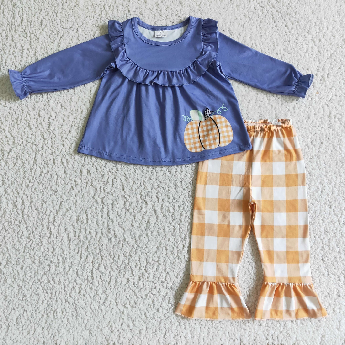 Promotion Baby Girl Long Sleeves Pumpkin Tunic Orange Plaid Pants Outfit RTS
