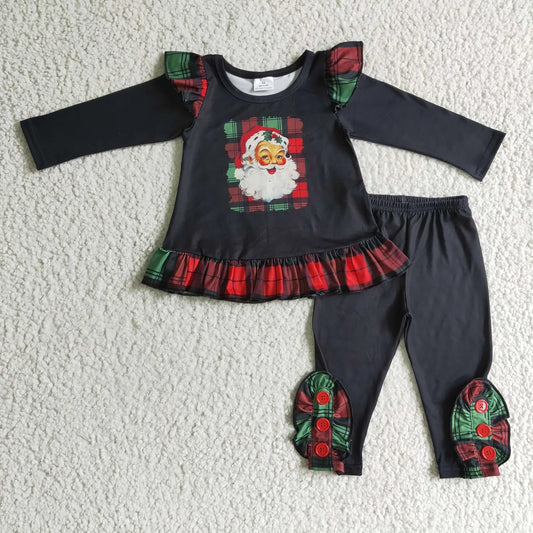 Promotion Baby Girl Santa Plaid Ruffle Shirt Pants Christmas outfit RTS