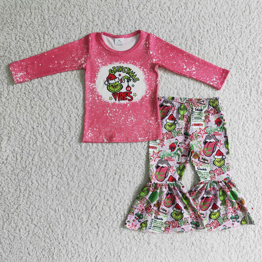 Promotion Baby Girl Long Sleeves Christmas Shirt Green Face Bell Pants Outfit RTS