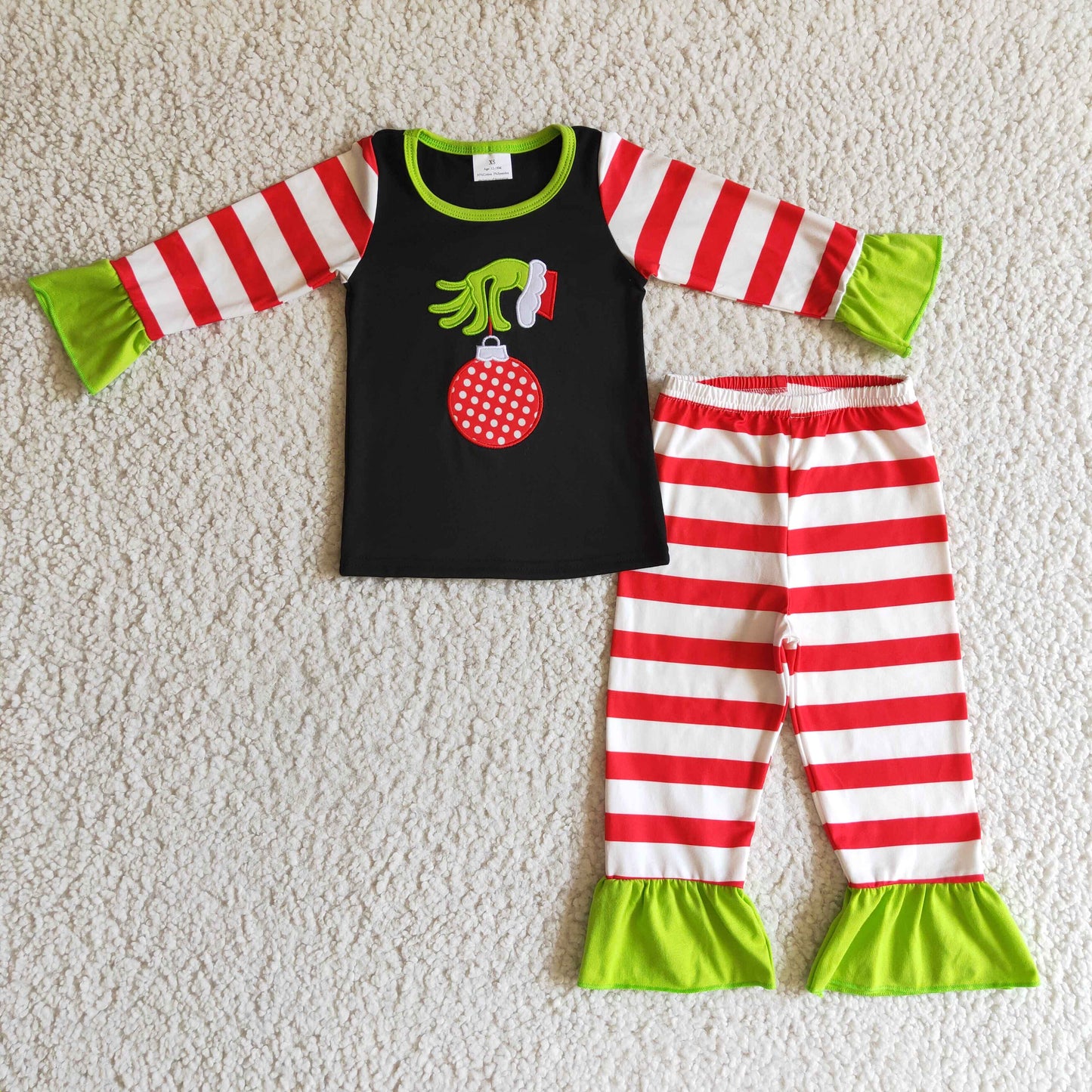Promotion Baby Girls Long Sleeves Embroidery Shirt Stripes Pants Christmas Pajamas Set RTS