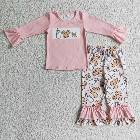 Promotion Baby Girl Christmas Cookie Milk Pink Outfit Pajamas RTS