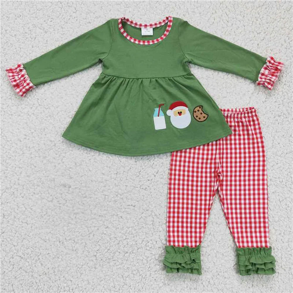 Baby Boy Girl Toddler Embroidery Milk Cookie Santa Sibling Christmas Romper Set RTS