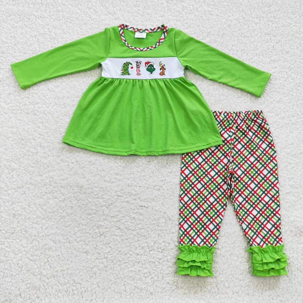Sibling Boys Girls Long Sleeves Embroidery Green Face Christmas Romper Set Clothes RTS