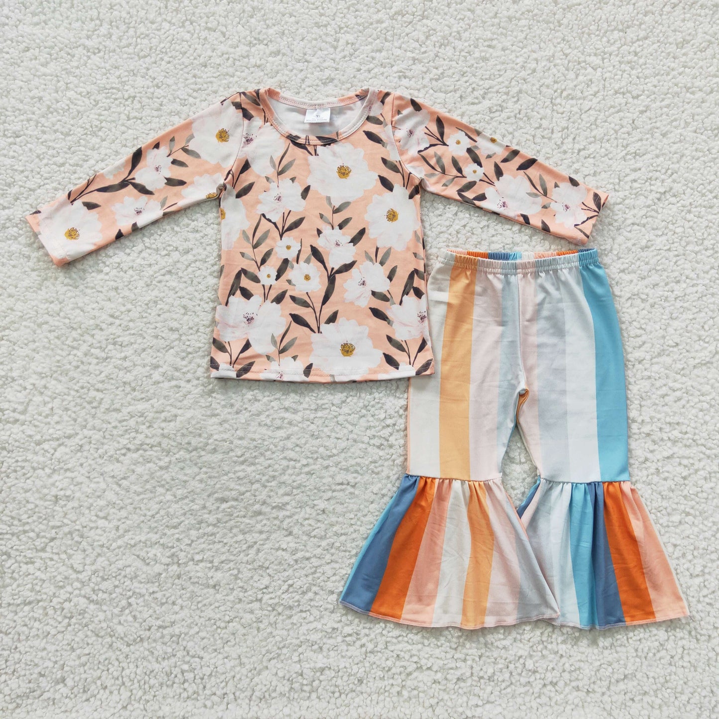 Promotion Baby Girl Floral Long Sleeves Striped Bell Pants Flower Outfit RTS