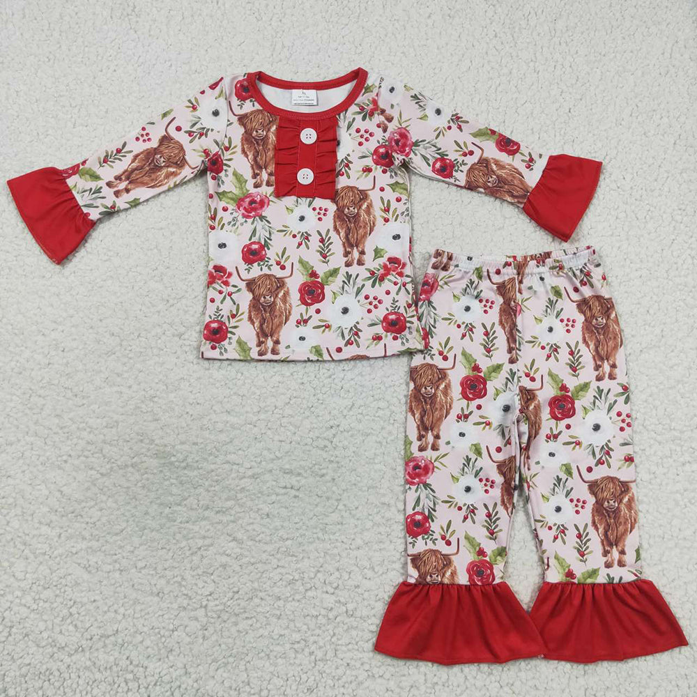 Sibling Baby Girls Long Sleeves Flower Cow Ruffle Dress Pajamas Set RTS