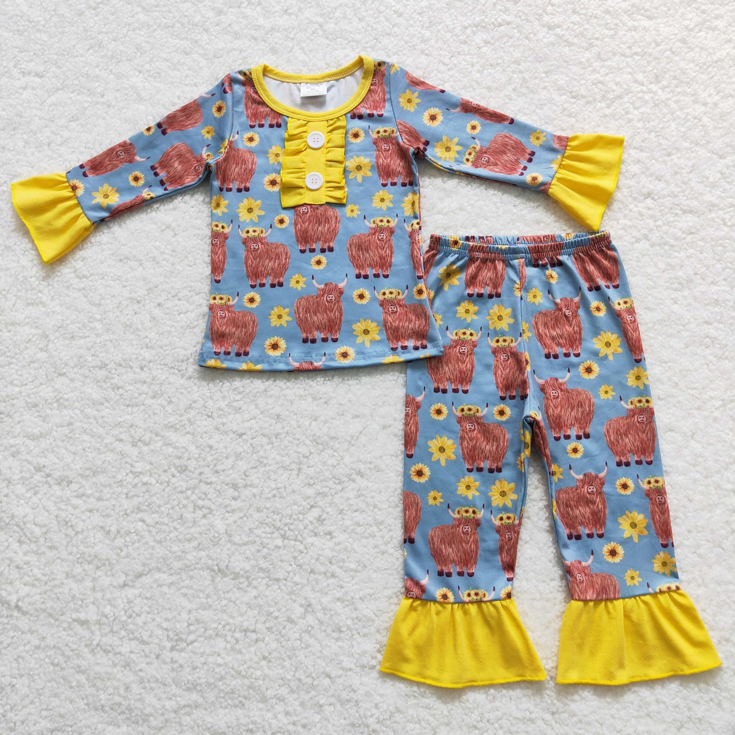 Promotion Baby Girl Long Sleeves Cow Sunflower Pants Western Outfit Pajamas RTS