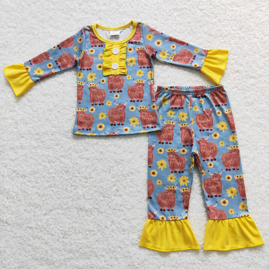 Promotion Baby Girl Long Sleeves Cow Sunflower Pants Western Outfit Pajamas RTS