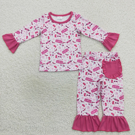 Promotion Baby Girl Long Sleeves Pink Doll Pants Outfit Pajamas RTS