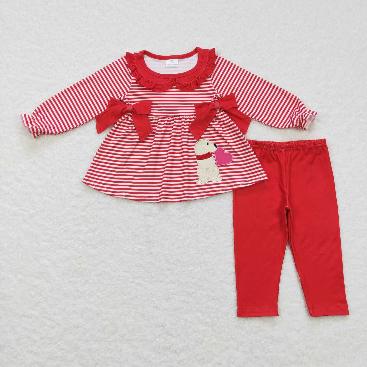 Baby Girl Valentines Embroidered Dogs Hearts Red Stripes Sibling Romper Dress Clothes Set