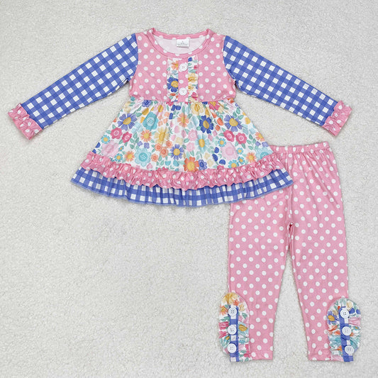 Baby Girl Long Sleeves Flower Tunic Pink Dots Ruffle Pants Set
