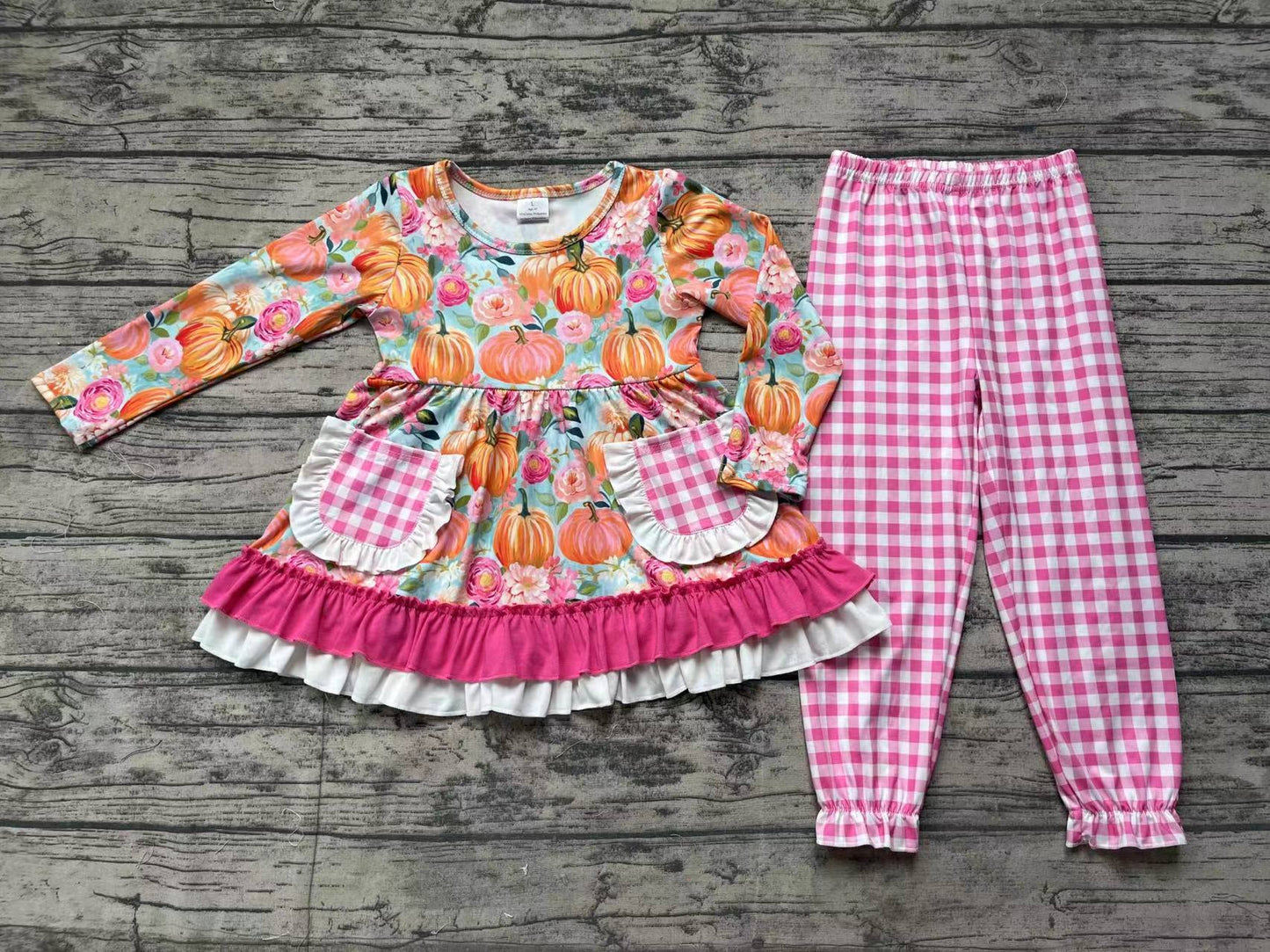 Baby Girl Pumpkin Flower Pocket Tunic Pink Plaid Pants Thanksgiving Set