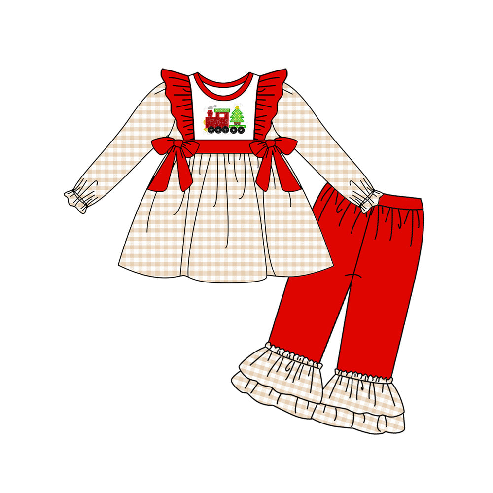 Pre-order Baby Girls Christmas Tree Train Tunic Ruffle Pants Clothes Set