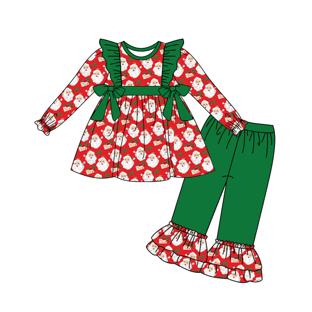 Pre-order Baby Girls Christmas Santa Bows Tunic Ruffle Pants Clothes Set
