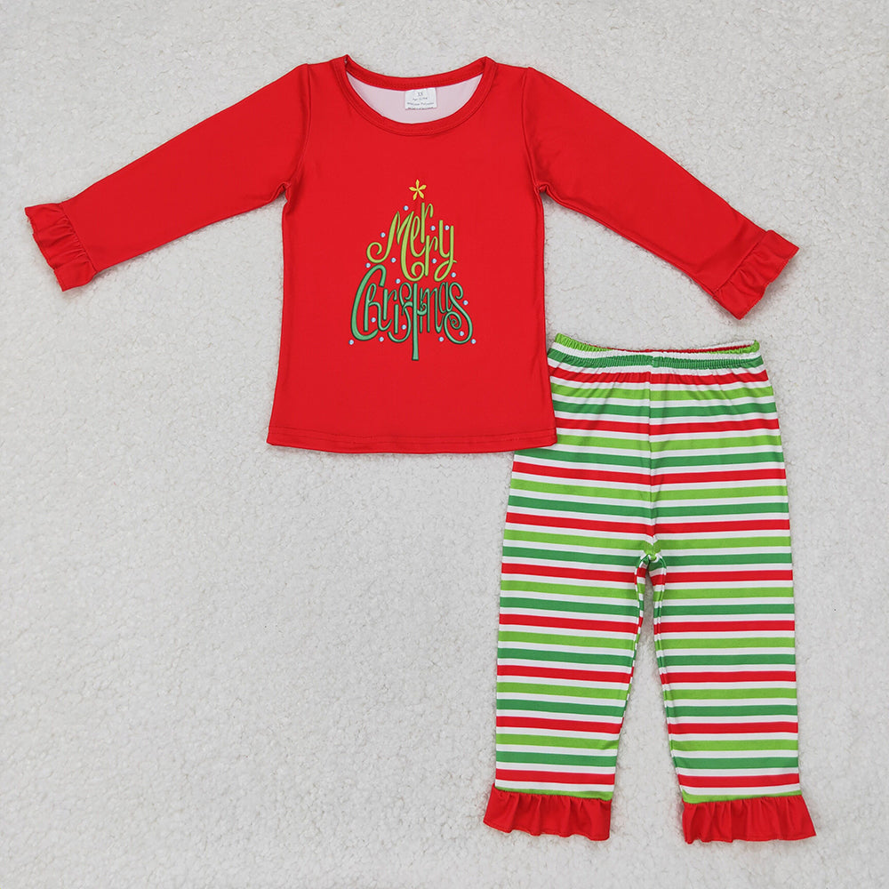 Sibling Boys Girls Kids Merry Christmas Red Shirt Stripes Pants Christmas Pajamas Set RTS