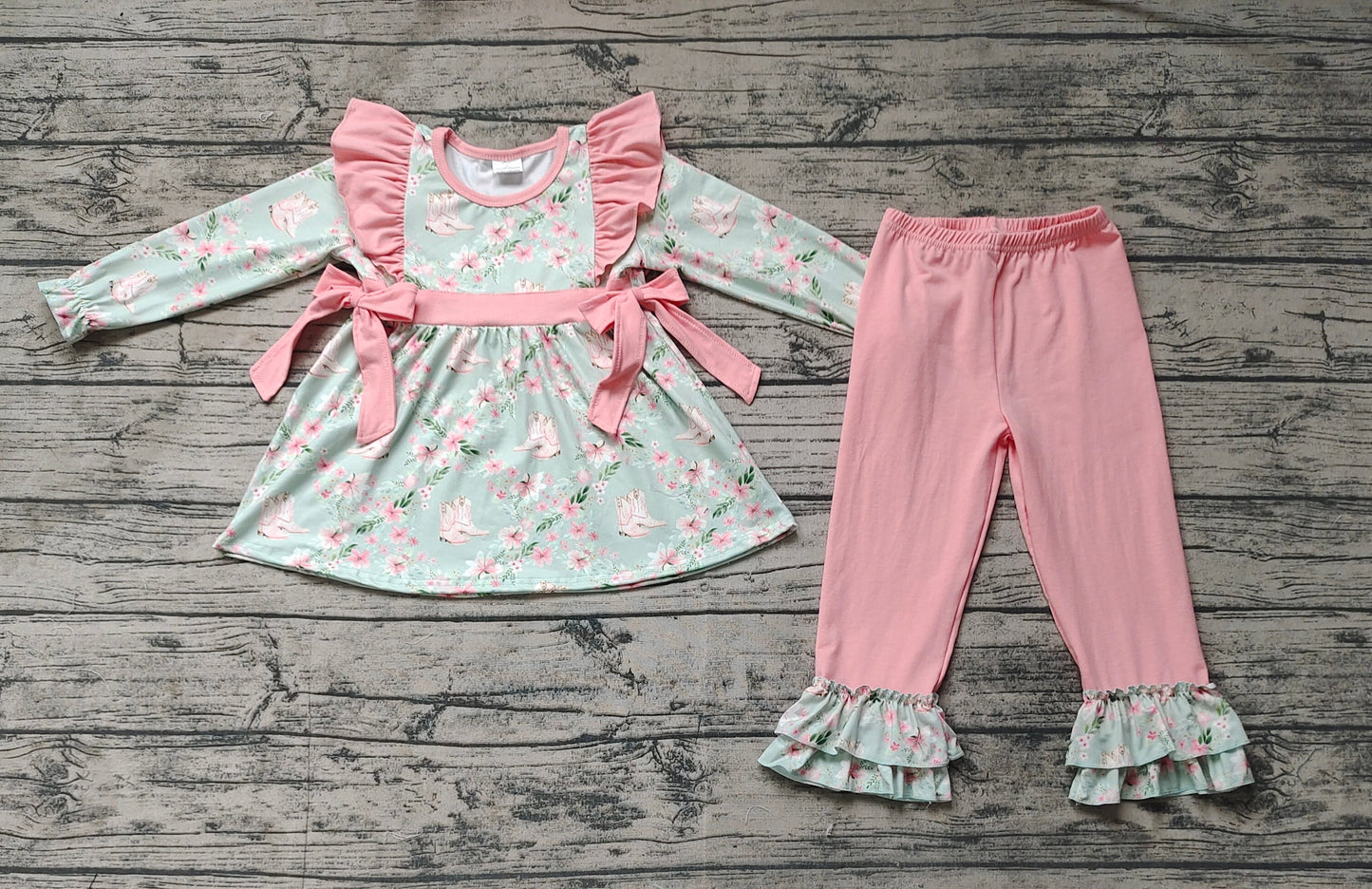 Baby Girl Long Sleeves Flower Boots Tunic Ruffle Pink Pants Western Set