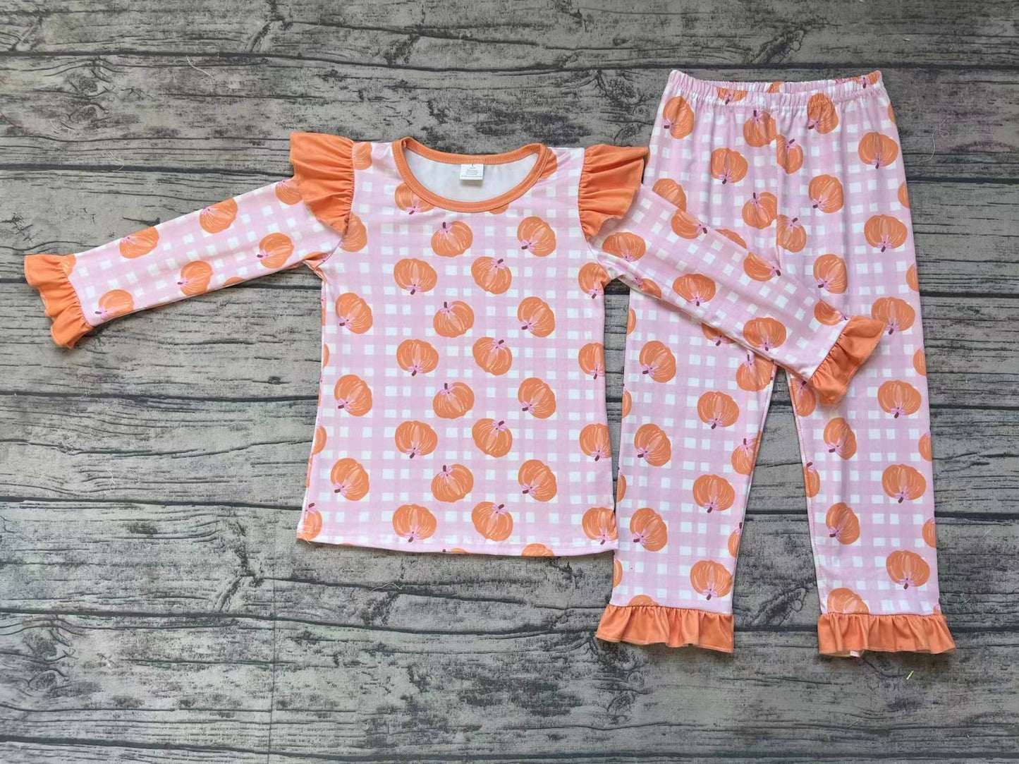 Pre-order Baby Girl Orange Pumpkin Shirt Pants Pajamas Bamboo Set