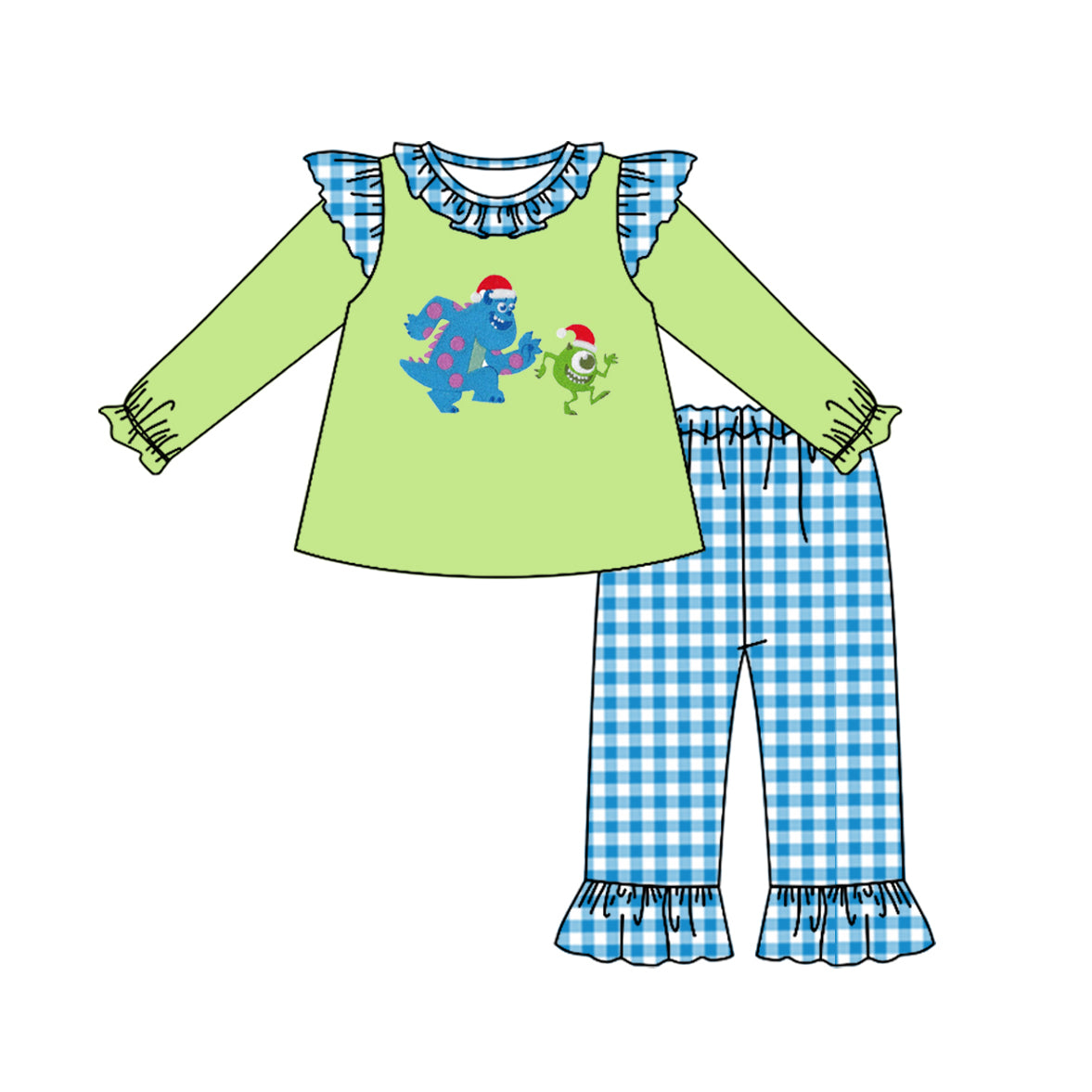 Pre-order Baby Girl Christmas Monster Tops Plaid Pants Clothes Set