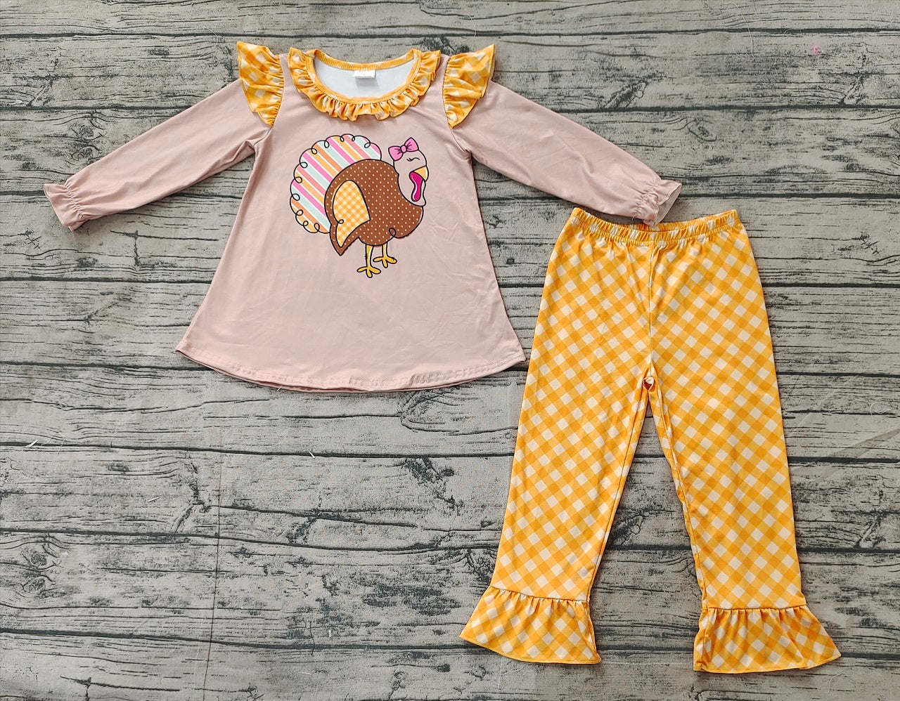 Baby Girl Long Sleeves Thanksgiving turkey Tunic Plaid Pants Set