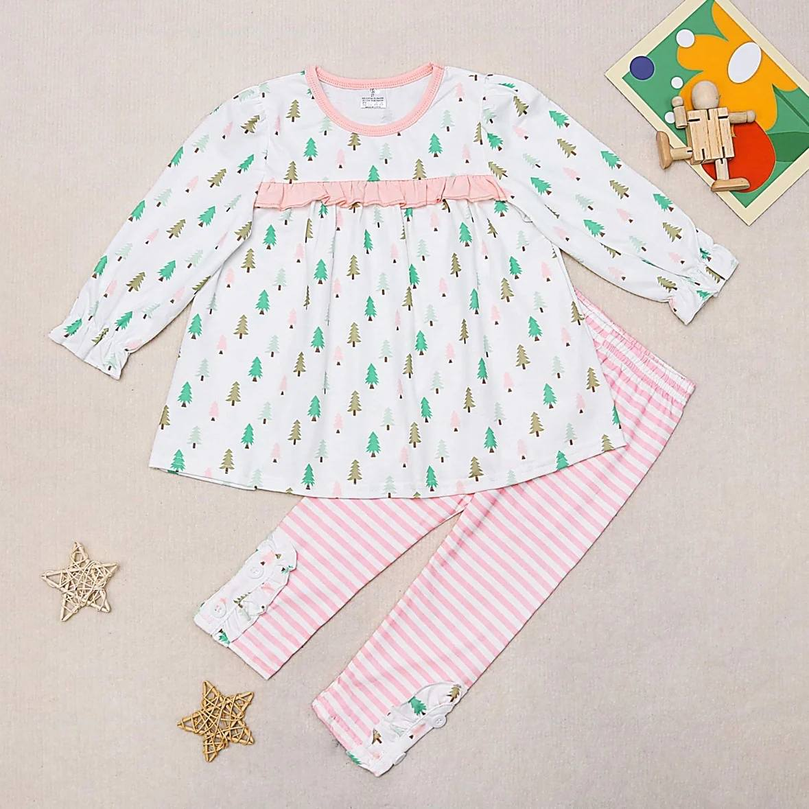 Pre-order Baby Girl Christmas Tree Tops Pink Stripes Pants Set