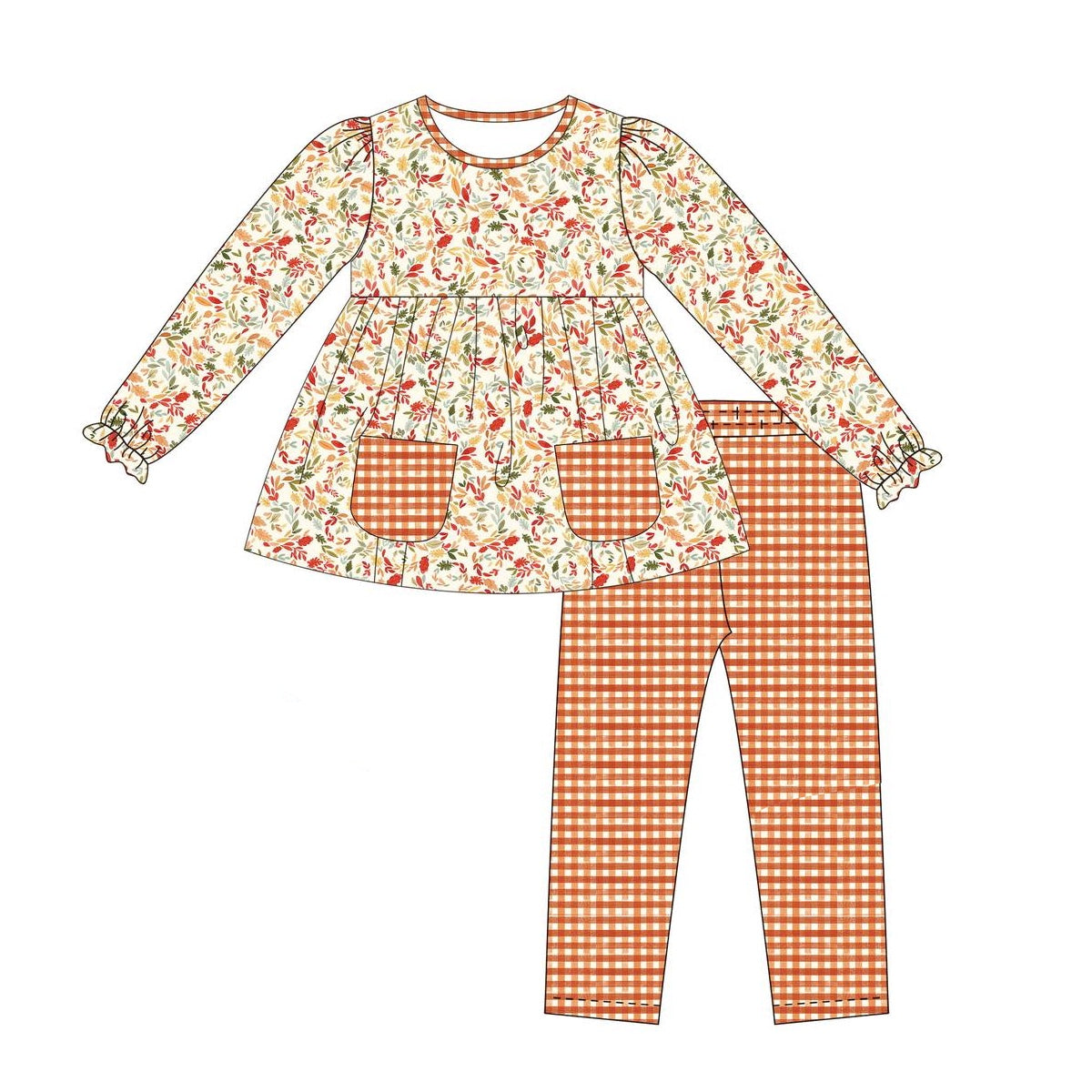 Pre-order Baby Girl Fall Leaves Pockets Tops Plaid Pants Clothes Set