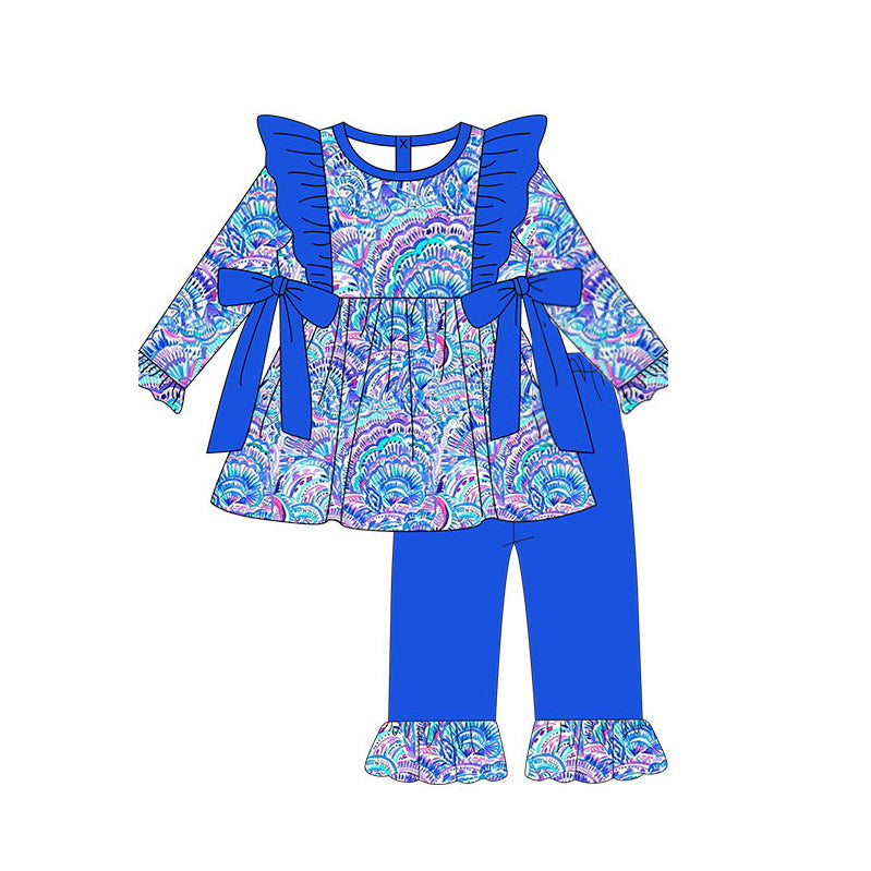 Pre-order Baby Girl Sea Shell Bows Tunic Blue Ruffle Pants Set