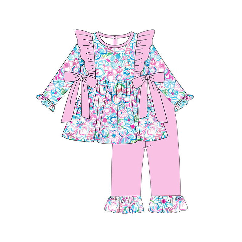 Pre-order Baby Girl Flowers Bows Tunic Pink Ruffle Pants Set