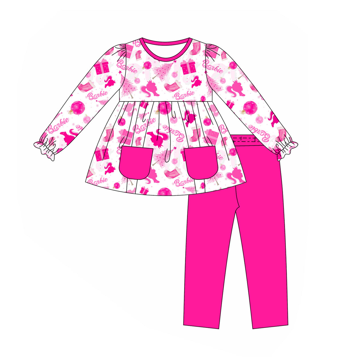 Pre-order Baby Girl Long Sleeves Pink Doll Pockets Tunic Pants Set