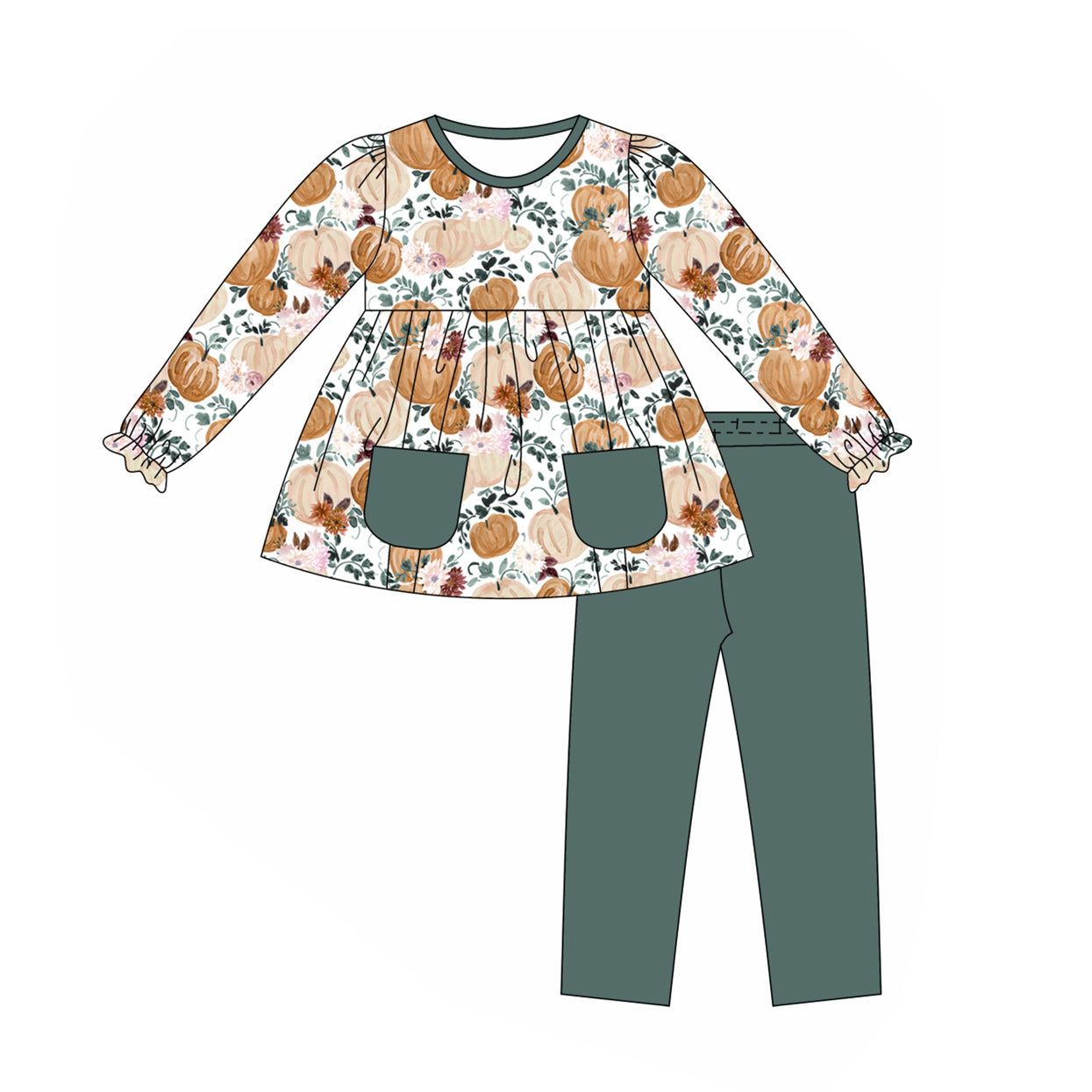 Pre-order Baby Girl Pumpkin Pocket Tunic Green Pants Fall Set