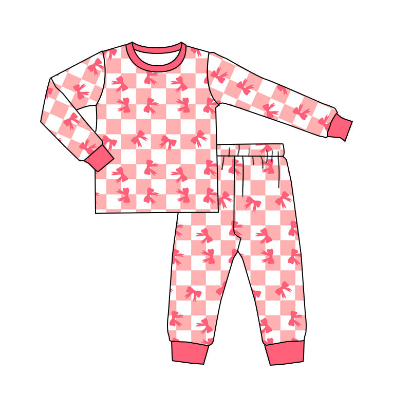 Pre-order Baby Girl Checkered Bows Shirt Pants Pajamas Pink Set