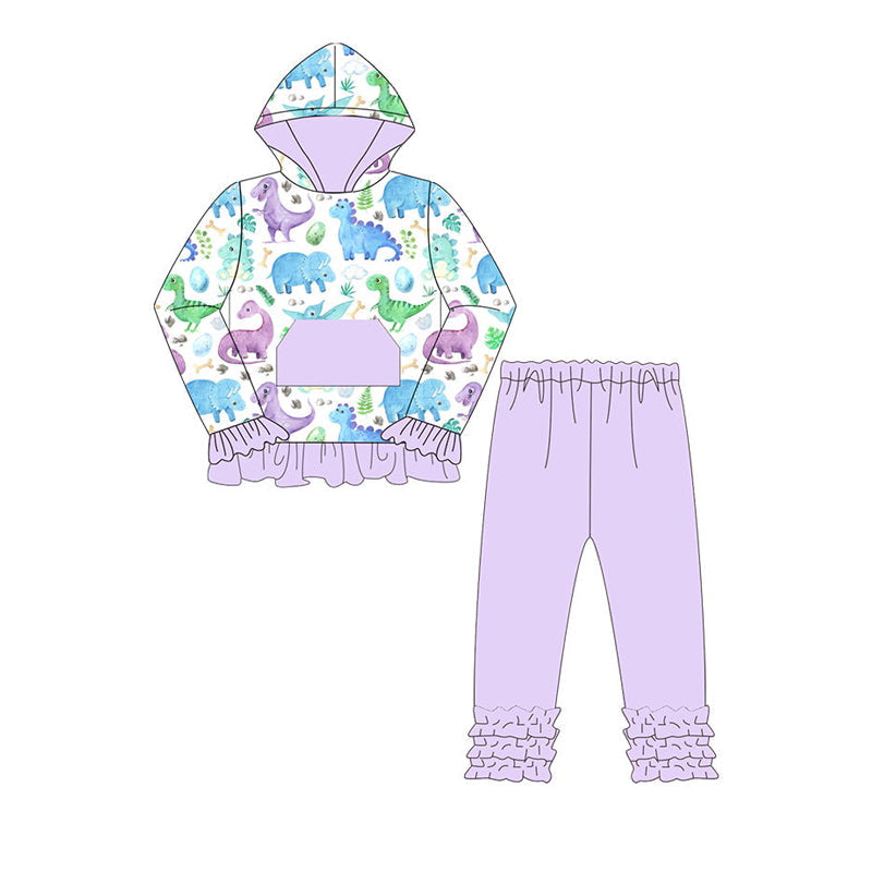 Pre-order Baby Girl Long Sleeves Dinosaurs Pullover Shirt Purple Pants Set