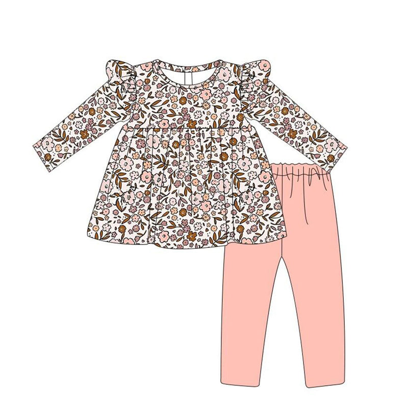 Pre-order Baby Girl Flower Tunic Tops Pink Cotton Pants Set