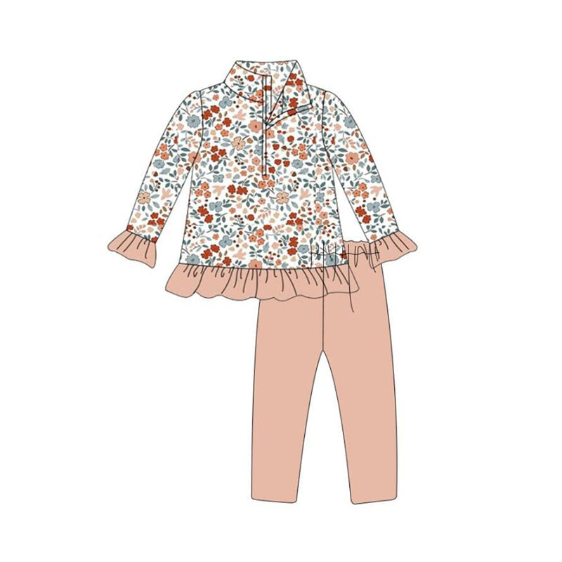Pre-order Baby Girl Long Sleeves Flower Zipper Tops Pants Fall Set