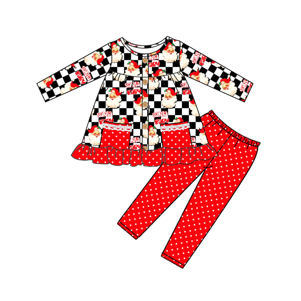 Pre-order Baby Girl Christmas Santa Checkered Pockets Tunic Red Pants Set