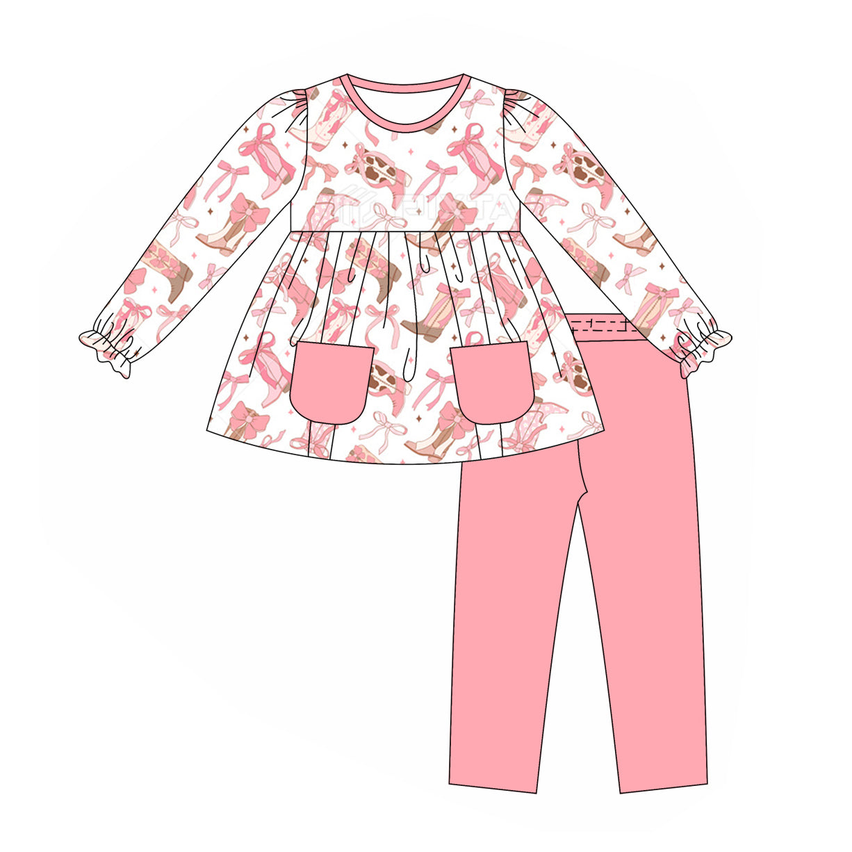 Pre-order Baby Girl Western Boots Bows Tunic Pink Pants Set