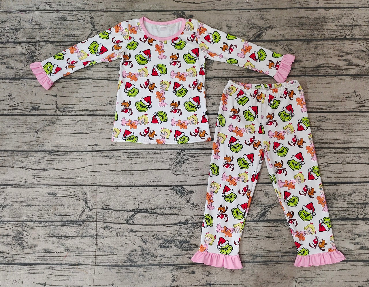 Baby Girl Long Sleeves Christmas Green Face Shirt Pants Pajamas Clothes Set