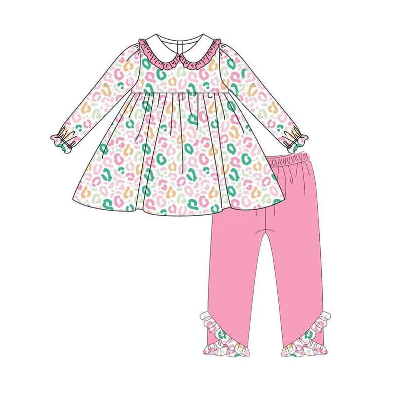 Pre-order Baby Girl Leopard Tunic Tops Ruffle Pink Legging Outfit Set
